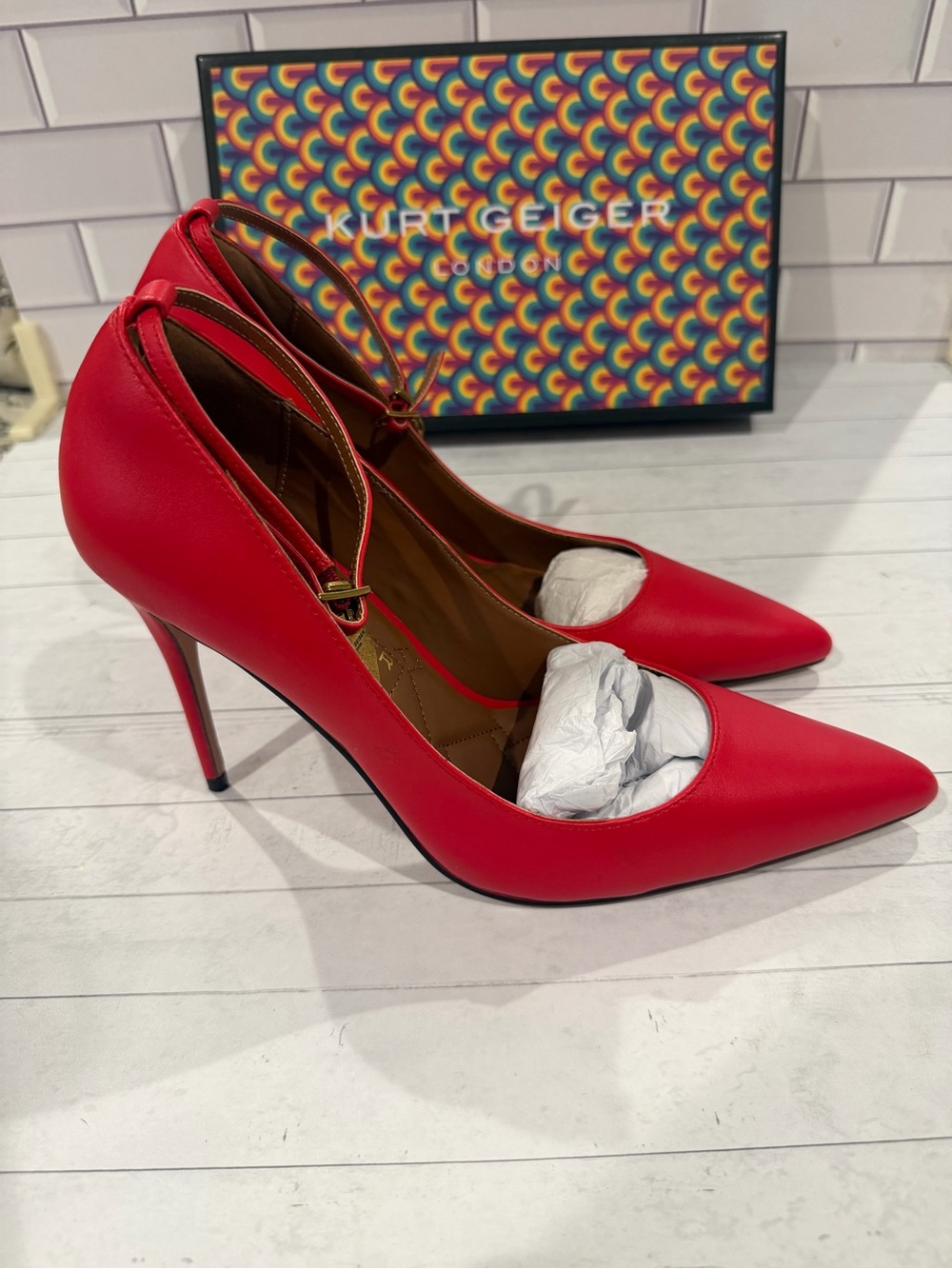 Kurt Geiger Bright Red Pointed-Toe Ankle-Strap Stilettos